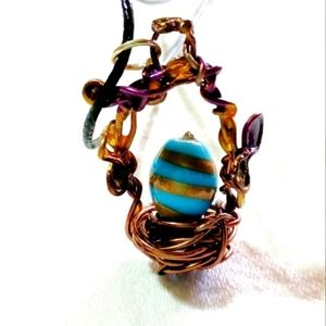 Dragon bird egg basket bead enamel pendant necklace nest copper blue golden gem